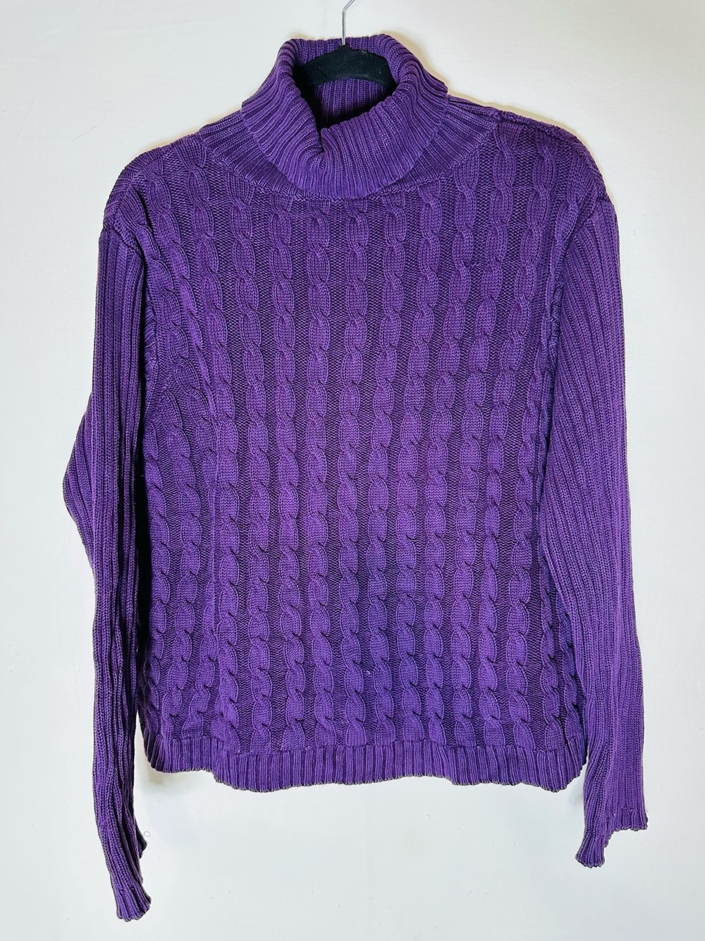 Vintage Alia Sport Petite Purple Cotton Cable Knit Turtleneck Sweater LP